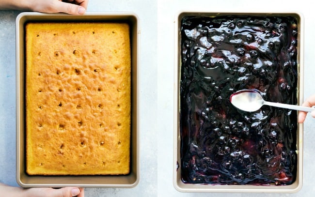 Lemon Blueberry Poke Cake areal view.