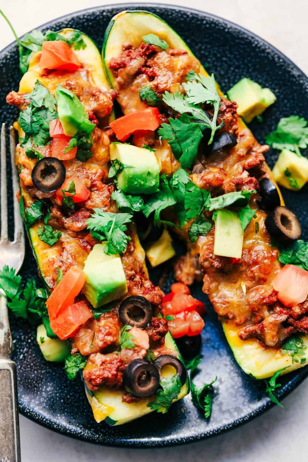 Taco Stuffed Zucchini Boats on plate