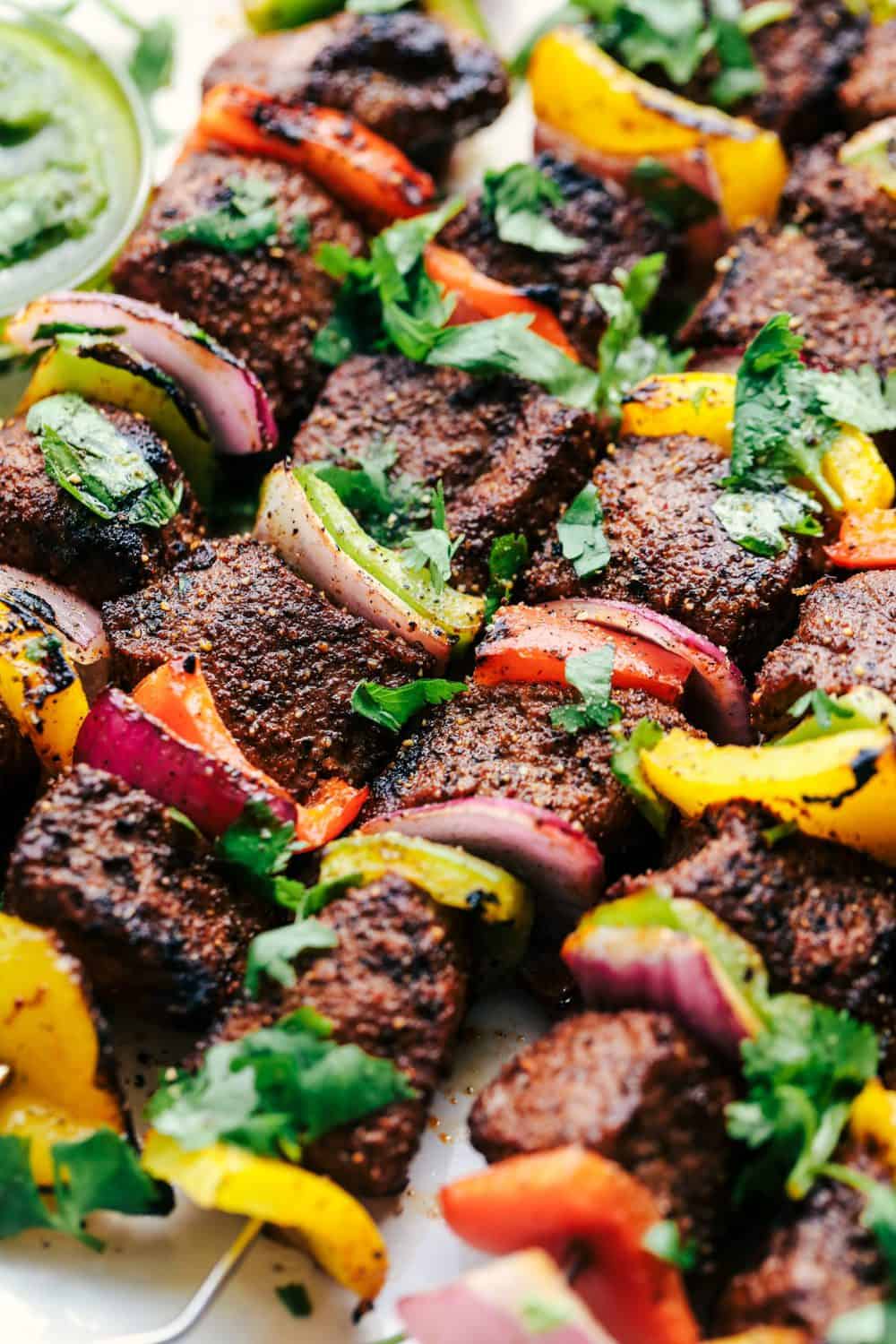 Grilled Steak Fajita Skewers close up.