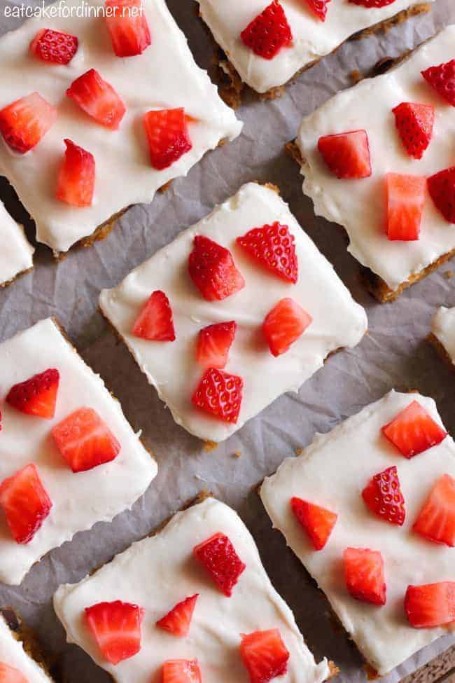 Chocolate Chip Cookie Cheesecake Bars in rows.