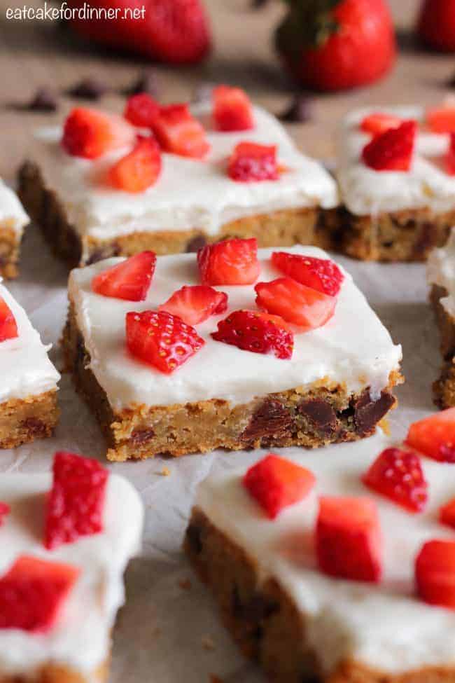 Chocolate Chip Cookie Cheesecake Bars in rows. 