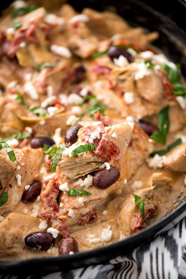 Creamy Mediterranean Chicken is a quick and easy comforting dish. It’s full of tender chicken, artichokes, kalamata olives, and sun dried tomatoes all robed in a delicious creamy sauce.