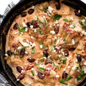 Creamy Mediterranean Chicken is a quick and easy comforting dish. It’s full of tender chicken, artichokes, kalamata olives, and sun dried tomatoes all robed in a delicious creamy sauce.