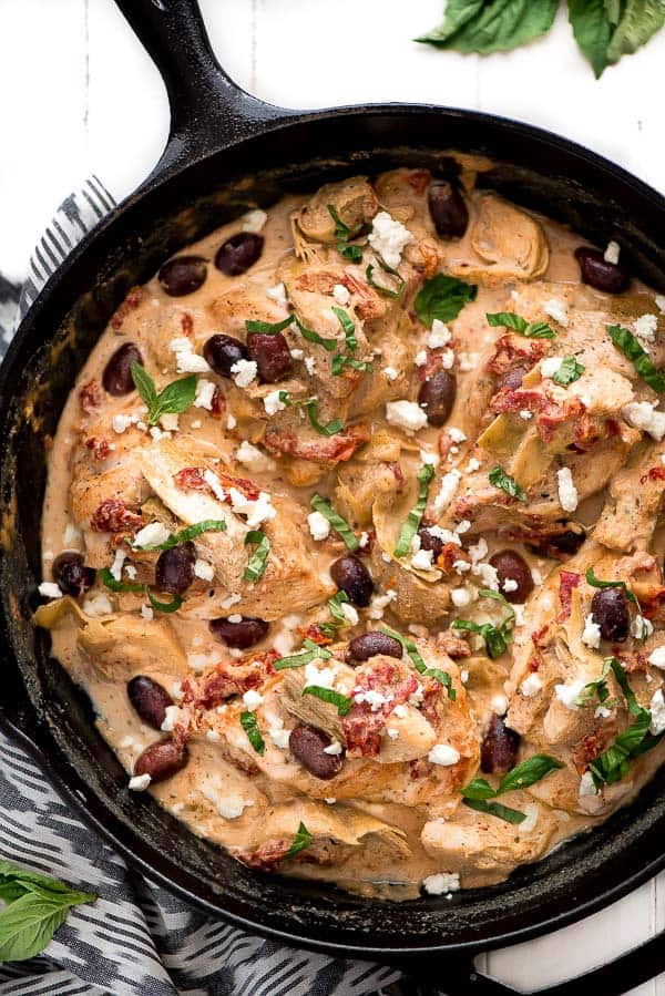 Creamy Mediterranean Chicken is a quick and easy comforting dish. It’s full of tender chicken, artichokes, kalamata olives, and sun dried tomatoes all robed in a delicious creamy sauce.