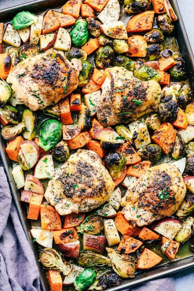 Sheet Pan Roasted Garlic Butter Herb Chicken with Potatoes and Brussels Sprouts