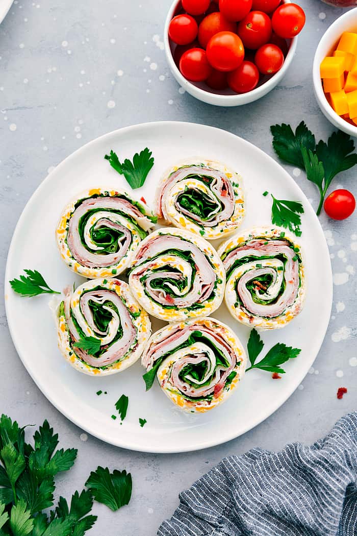 Turkey Bacon Ranch Pinwheels on a white plate.