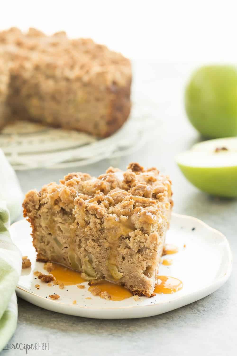 A slice of Crumb-Topped Apple Coffee Cake. 