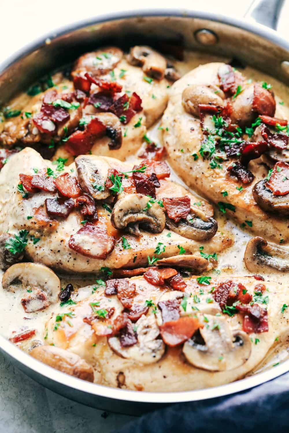 Creamy Balsamic Mushroom Bacon Chicken in a skillet.