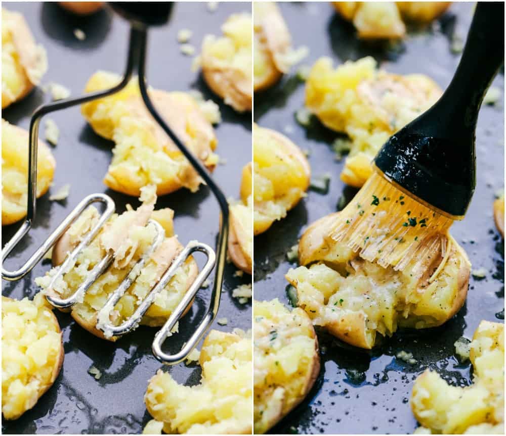 Smash potatoes and brush with butter and garlic/ranch mixture.