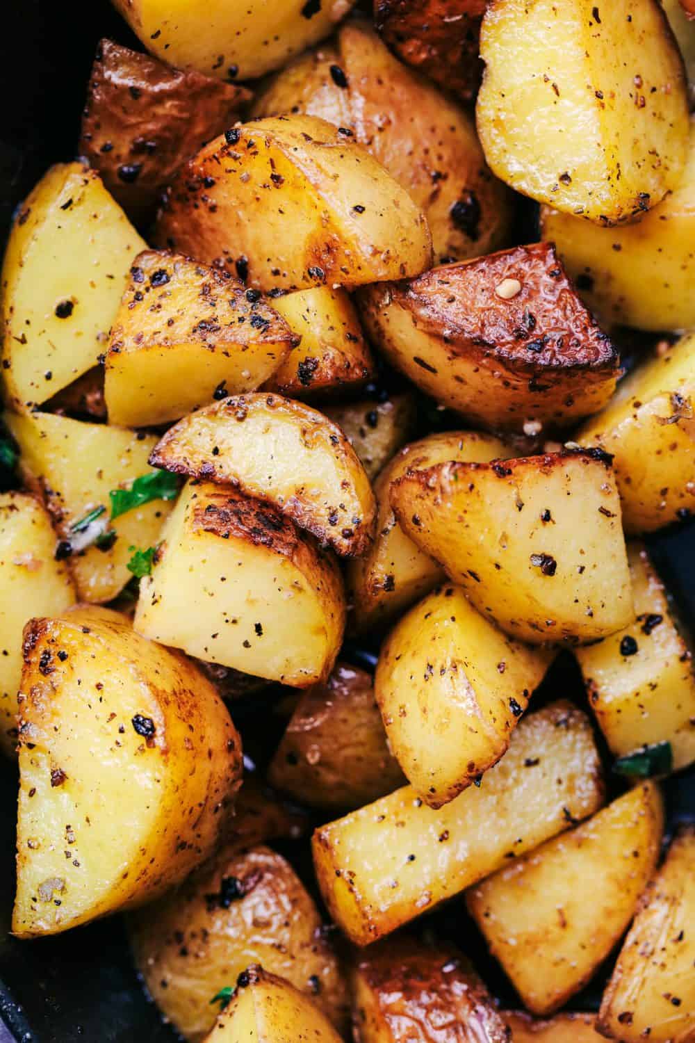 Skillet Garlic Butter Herb Potatoes close up!