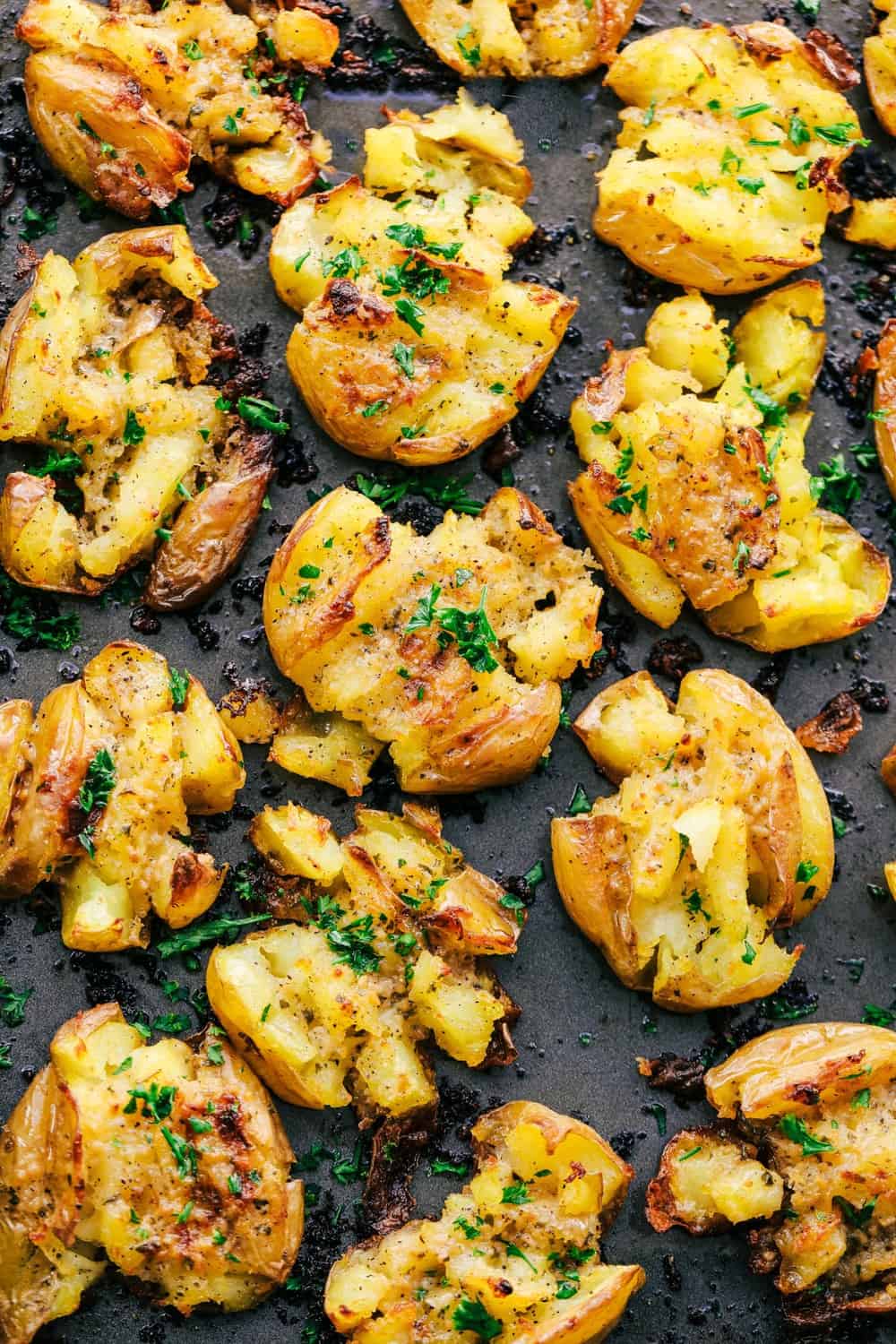 Garlic Ranch Smashed Potatoes on a sheet pan.