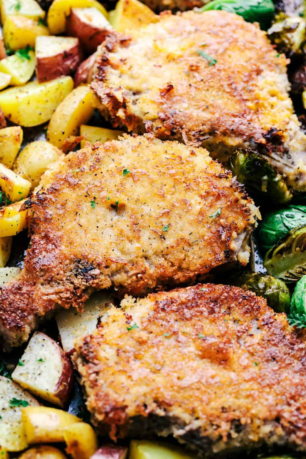 Sheet Pan Crispy Cheddar Pork Chops close up.