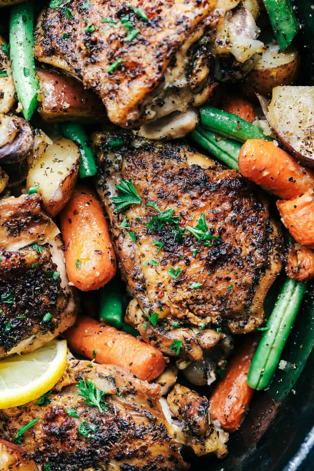 Slow Cooker Lemon Garlic Chicken Thighs close up.