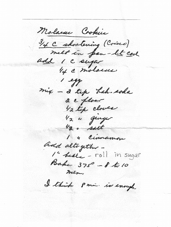 Handwritten recipe for molasses cookies.