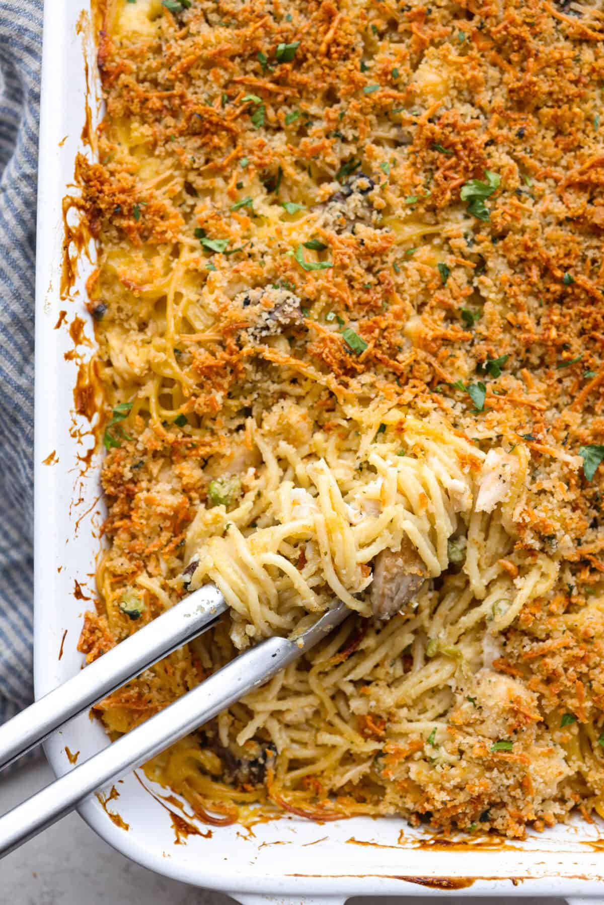 Overhead shot of baked chicken tetrazzini casserole. 