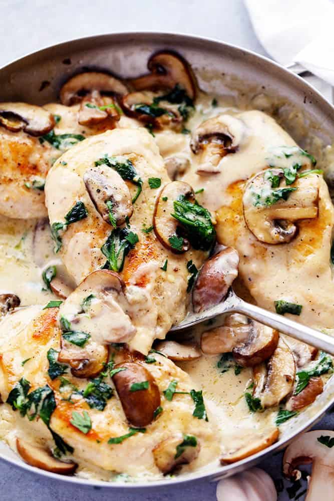 Creamy Parmesan Garlic Mushroom Chicken in a skillet.