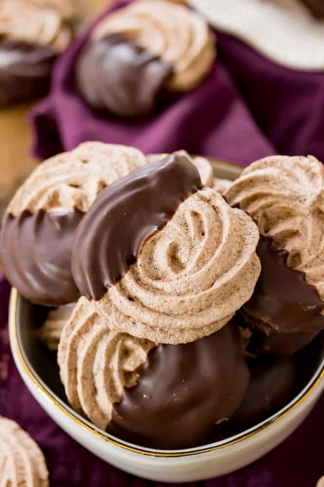 Chocolate Meringue Cookies in a pile in a bowl.