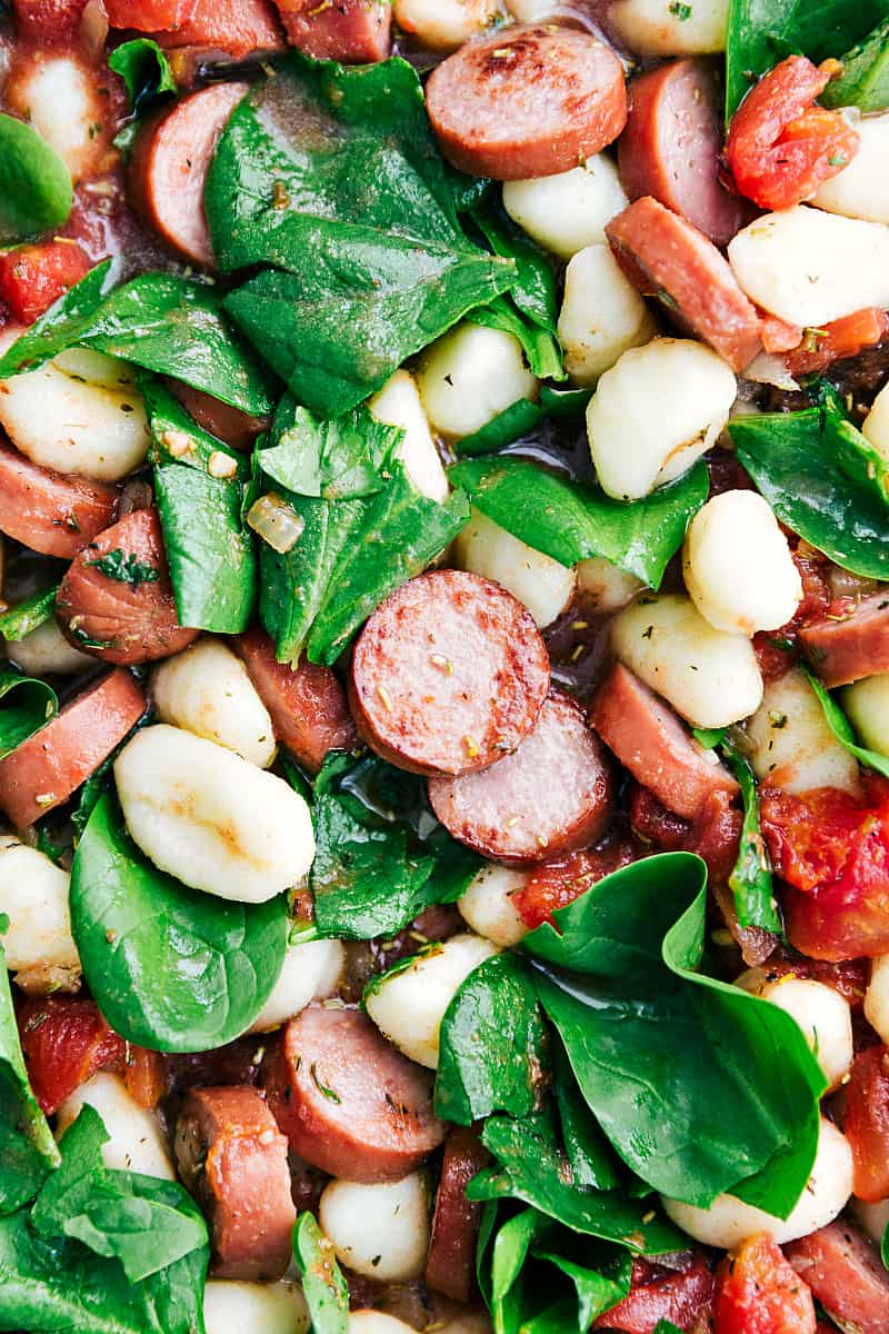 Close up on Spinach and Sausage Gnocchi with Sage. 