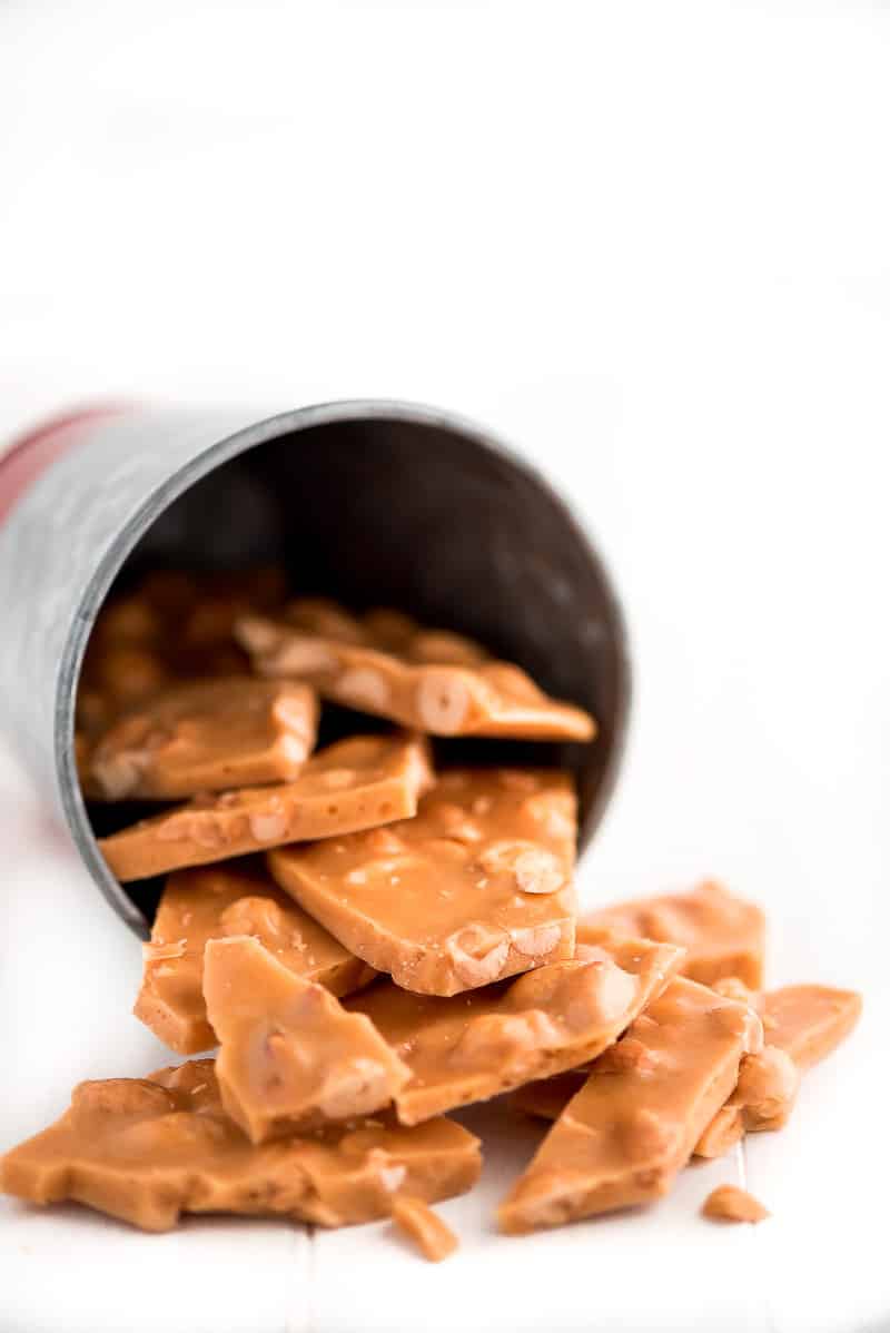 peanut brittle in a jar falling out.