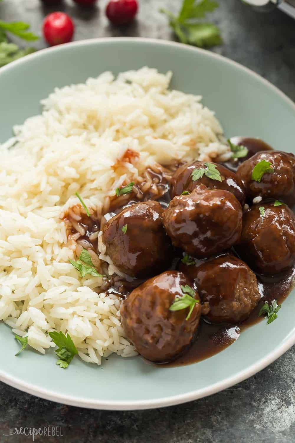 Slow Cooker Cranberry Balsamic Meatballs with white rice.