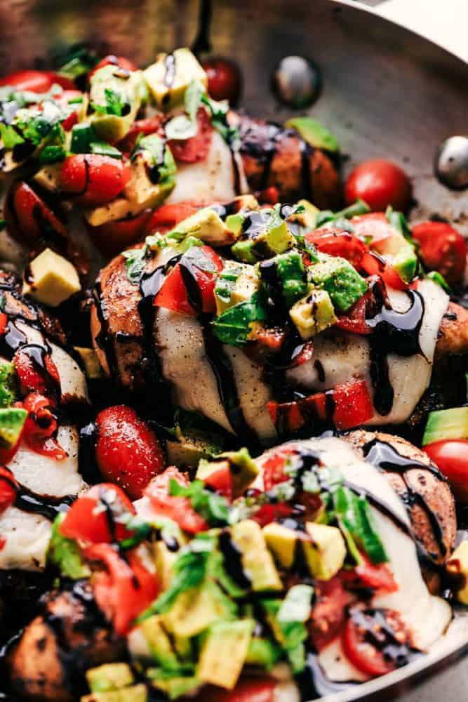 California Avocado Skillet Chicken with balsamic dressing and avocado on top. 