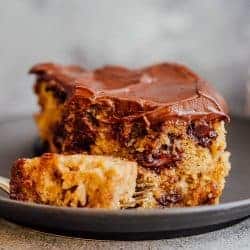 Closeup of a bite of chocolate chip banana cake