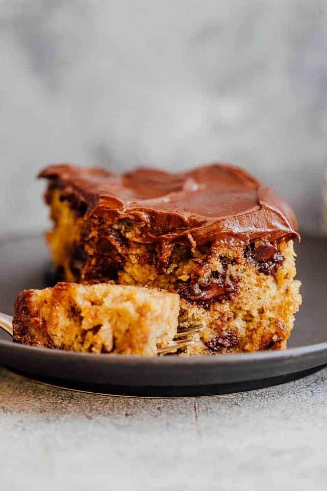 Closeup of a bite of chocolate chip banana cake