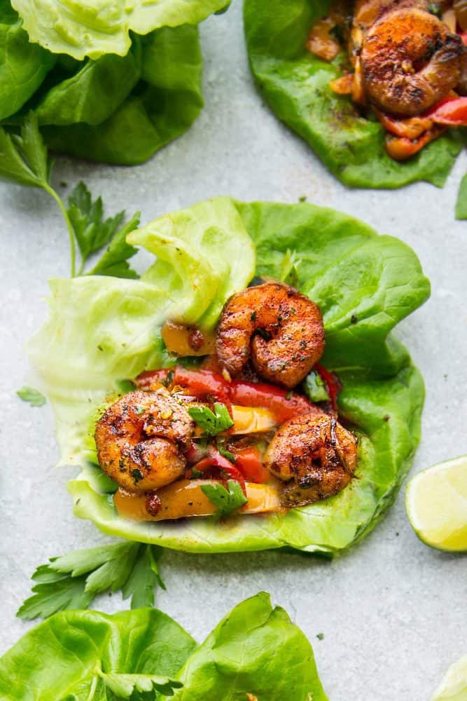 Close-up of one cilantro lime shrimp lettuce wrap. 