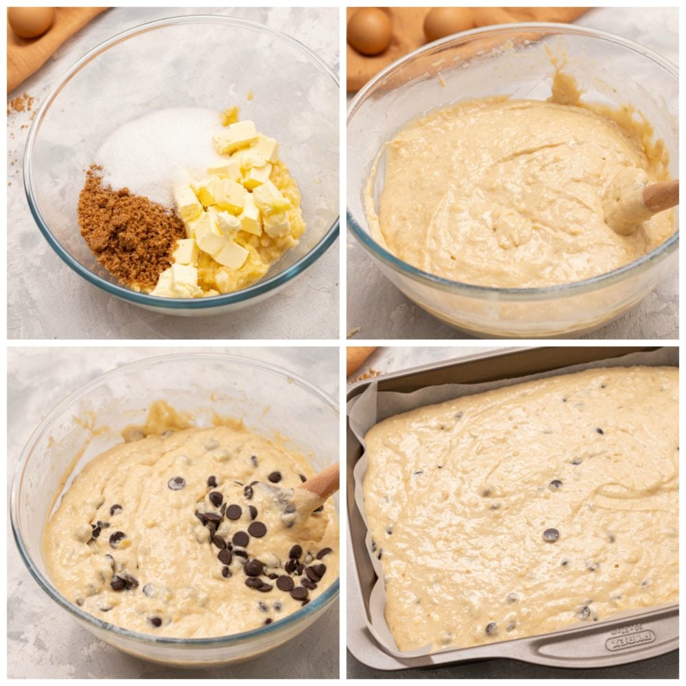 The process of making a chocolate banana cake going from a clear glass bowl to a metal cake pan. 