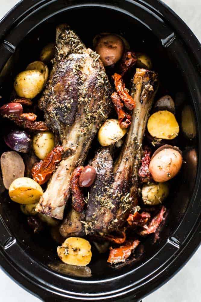 Slow Cooker Greek Lamb Shanks in a slow cooker.