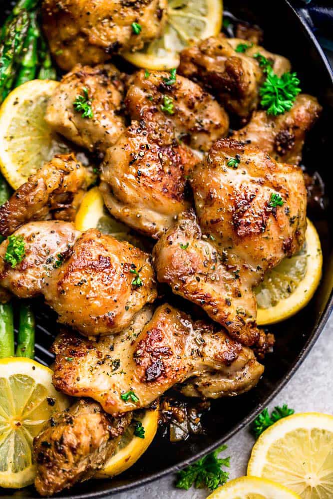 Instant Pot Lemon Garlic Chicken on a plate up close of chicken. 