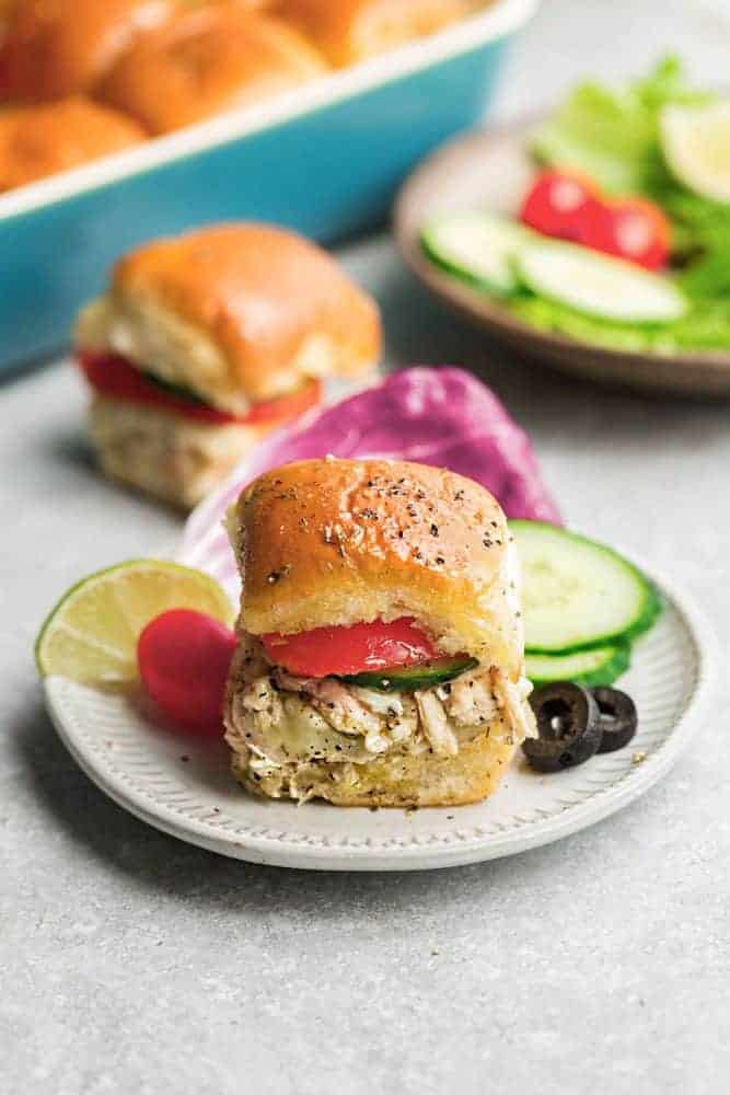 Greek Chicken Slider on a white white plate. 