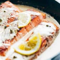 Side Angle of the Lemon Salmon Piccata with capers and lemon slices