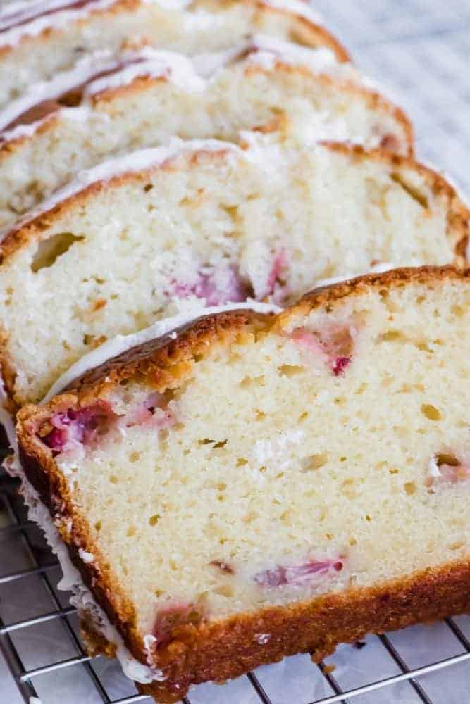 Close up of Strawberry Pound Cake on a cooling rack. 