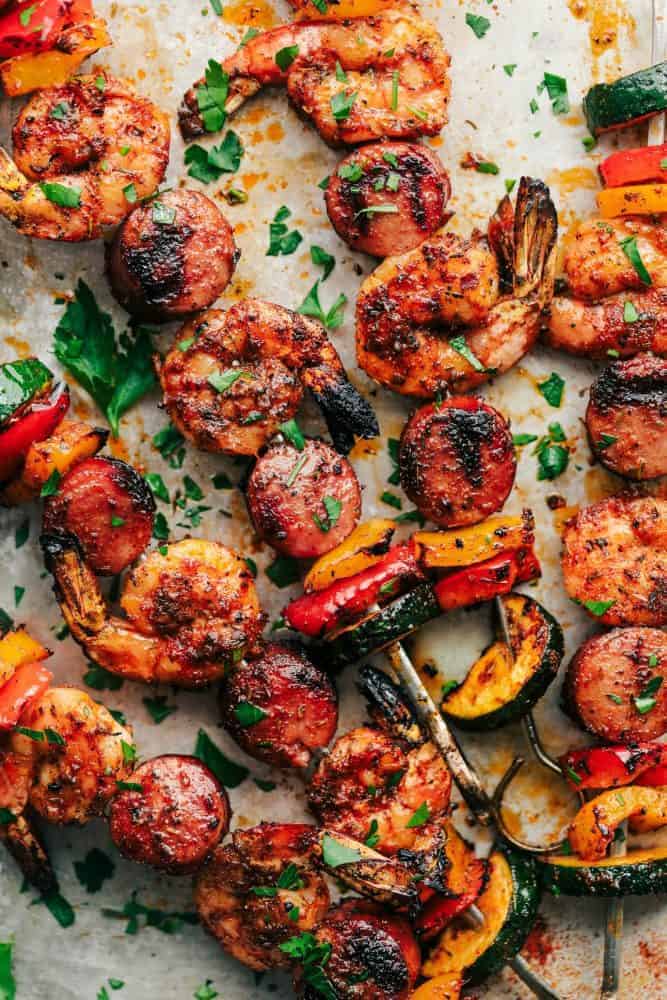 Cajun Shrimp and Sausage Veggie Skewers.