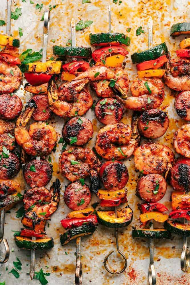 Cajun Shrimp and Sausage Veggie Skewers. 