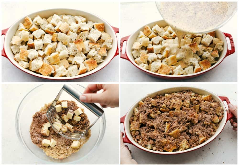 First photo of the cubed bread in a baking dish. Second photo of the custard pouring over the bread. Third photo of the butter cutting into the topping mixture. Fourth photo of the topping sprinkled on top of the casserole before it bakes.