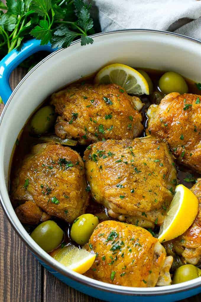 This Moroccan chicken is tender chicken thighs cooked in an aromatic sauce with olives and lemon. An easy dinner that's full of unique flavors!