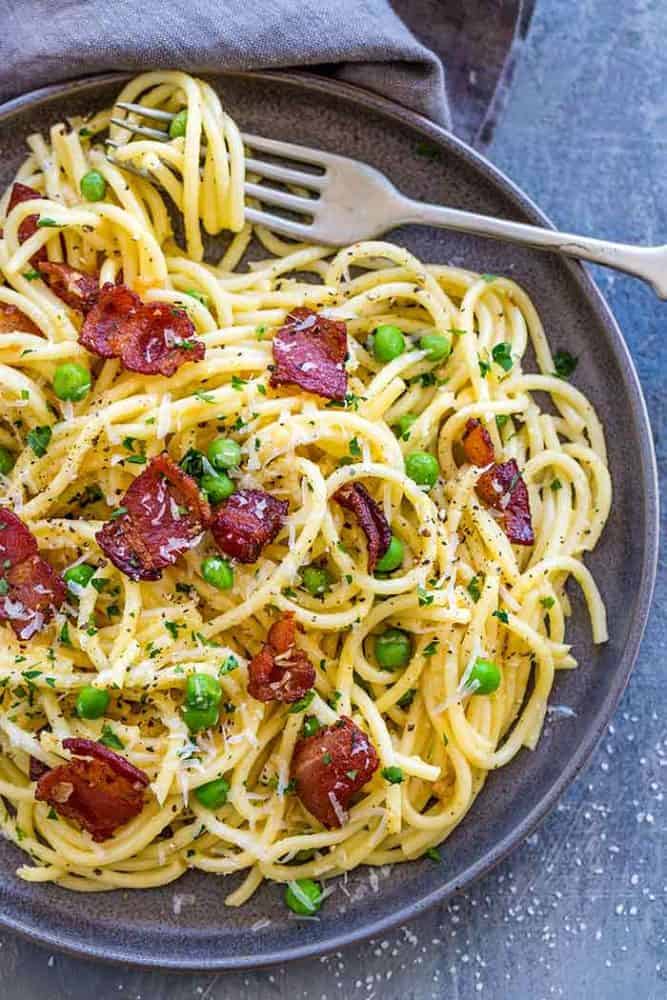 Plate of pasta carbonara with a fork.