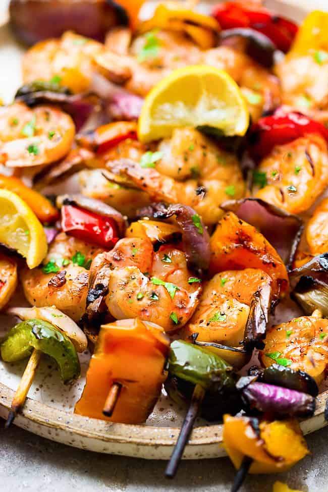 Close up of Grilled Lemon Garlic Butter Shrimp with Vegetables. 