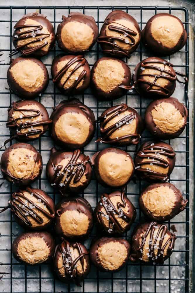 No Bake Buckeye Peanut Butter Balls on a cooling rack. 