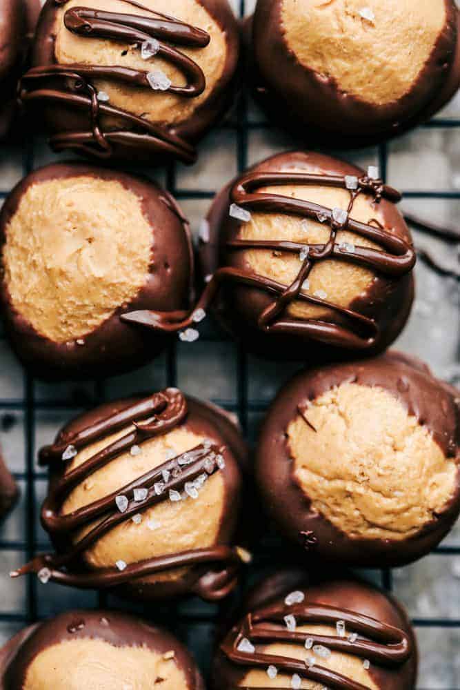 No Bake Buckeye Peanut Butter Balls on a cooking rack. 