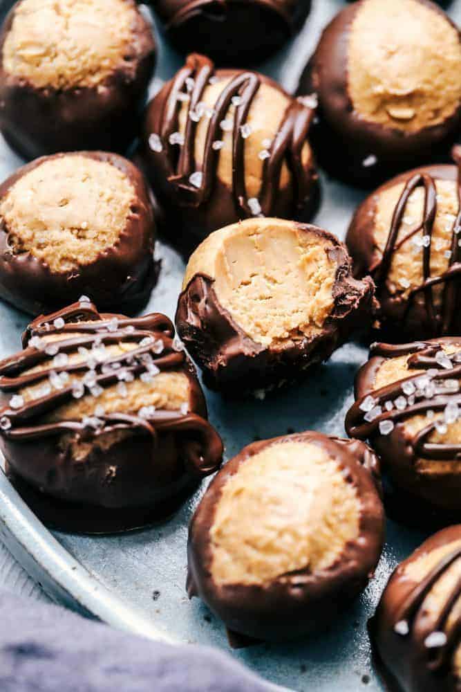 No Bake Buckeye Peanut Butter Balls on a grey plate. 