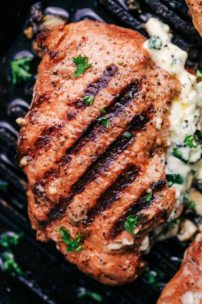 Close up of Herb Stuffed Pork Chop.