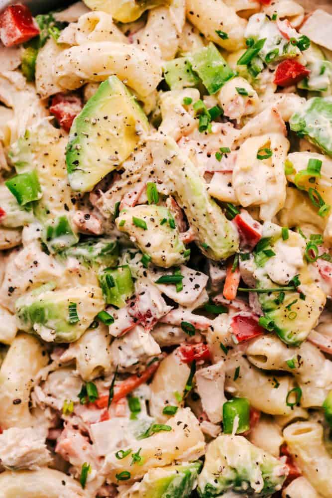 Close up of Tuna Avocado Macaroni Salad. 