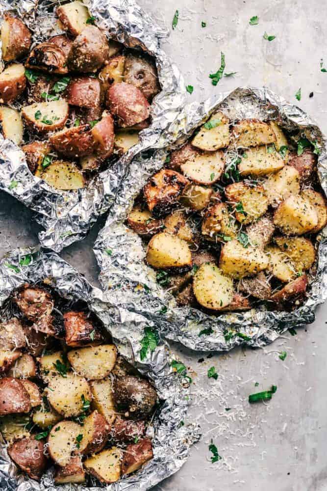 Three Parmesan Garlic Potato Foil Packets. 