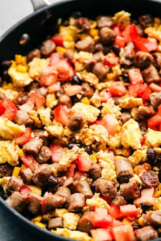 Southwest Sausage and Egg stuffing for mushrooms in a frying pan. 