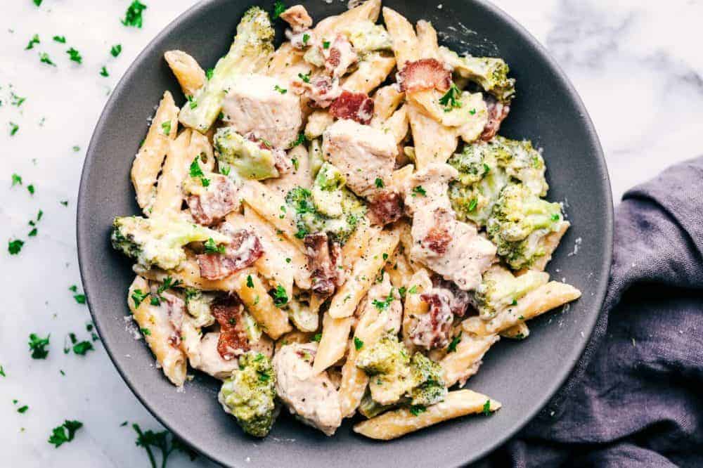 Cheesy Chicken, Bacon and Broccoli Ranch Pasta in a grey bowl. 