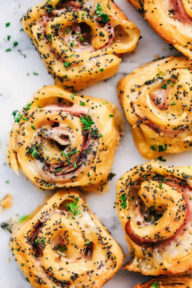 Close up of Hot Ham and Swiss Pinwheels after they have been cooked. 