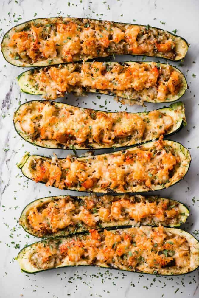 Shrimp Zucchini Boats on a table. 